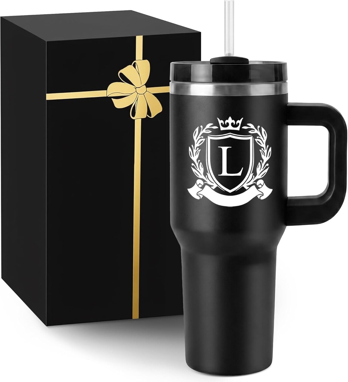 Initial 40 oz Insulated Tumbler with Handle & Lid – Personalized Stainless Steel Travel Cup with Straw – Custom Groomsmen, Wedding, Groom, Stepdad & Father Gift – Bulk Thank You Present